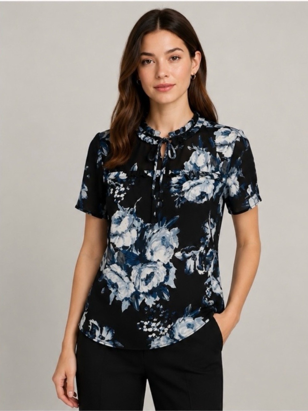 Karl Lagerfeld Paris Floral Chiffon Tie Neck Ruffle Blouse Black Blue